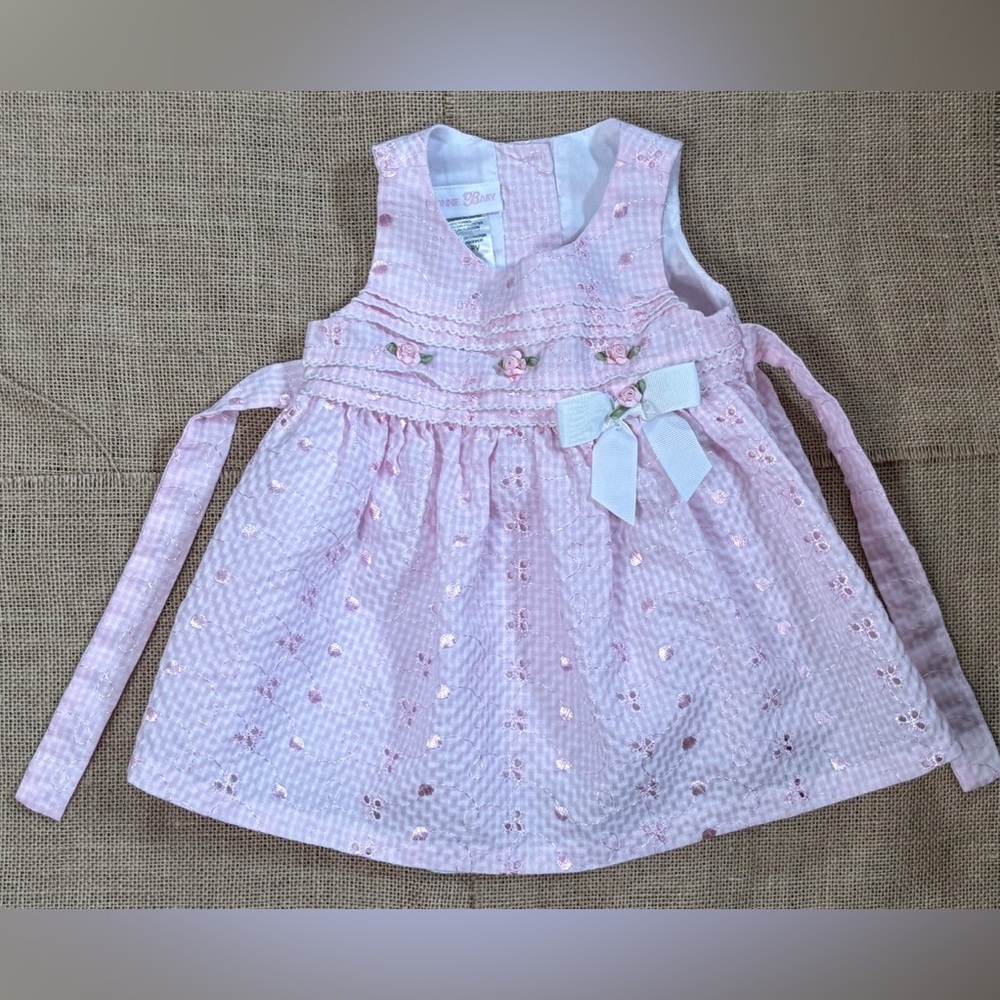 Vintage Pink White Gingham Floral Dress Size 6 - 9 Months Girly Twee Retro